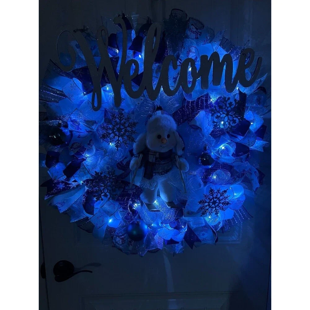 XL Handmade Christmas Holiday Skiing Snowman Ribbon Prelit Wreath 26 ins LED